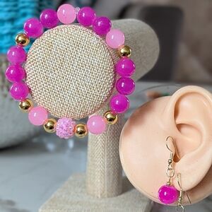 Pink and Gold Beaded Bracelet and Earring Set